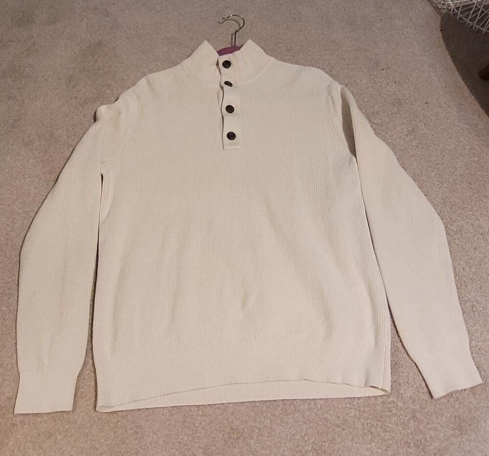 Banana Republic Men's Cream Ribbed Button-Neck Pullover Sweater